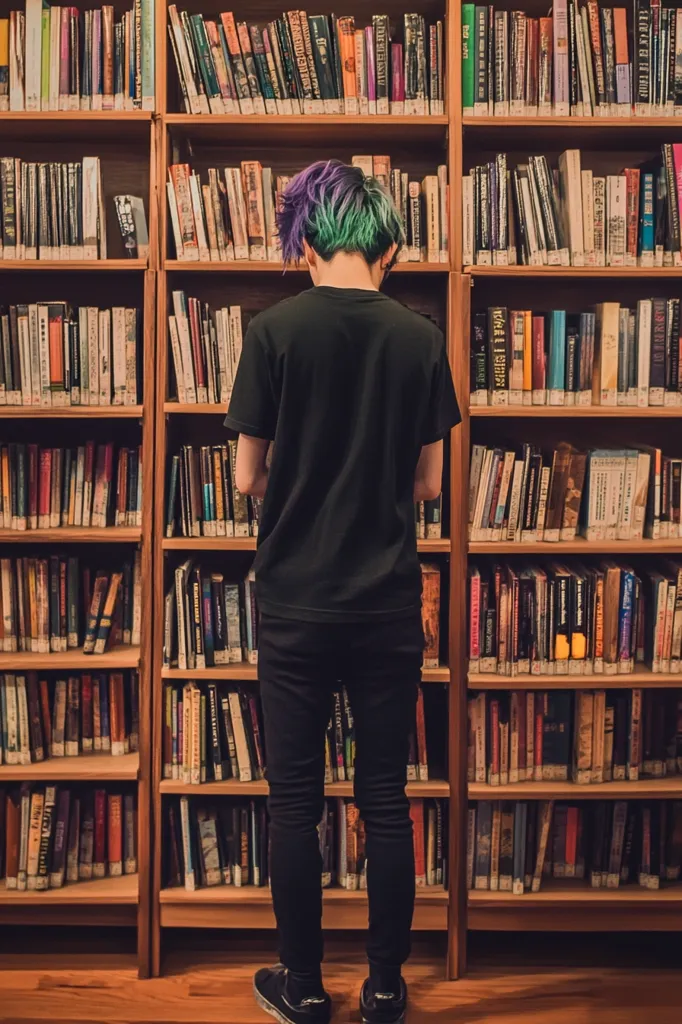A person with green and purple hair is standing in front of a large bookshelf, their back to the camera. They are wearing a black t-shirt and black jeans. The bookshelf is filled with rows of books, all with different colored spines. The person is looking at the books, perhaps choosing one to read. The overall impression is of a quiet and studious atmosphere.