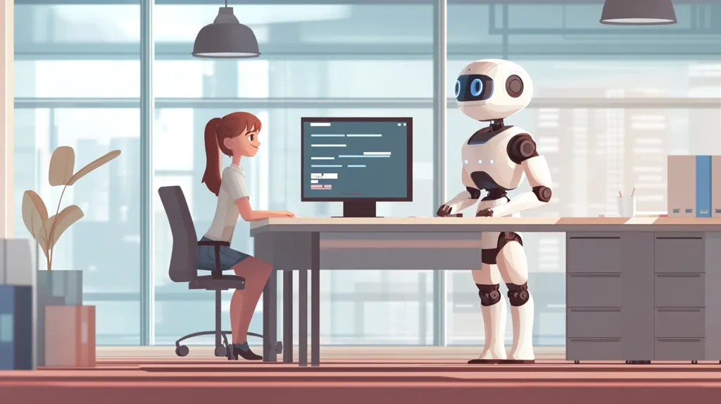A woman sits at a desk in an office, facing a white robot. The robot has a round head with large blue eyes and a sleek body. They appear to be working together, with the woman using a computer and the robot holding a small object in its hand. The office is brightly lit with large windows and modern furniture. The scene depicts a future where humans and robots collaborate in the workplace.