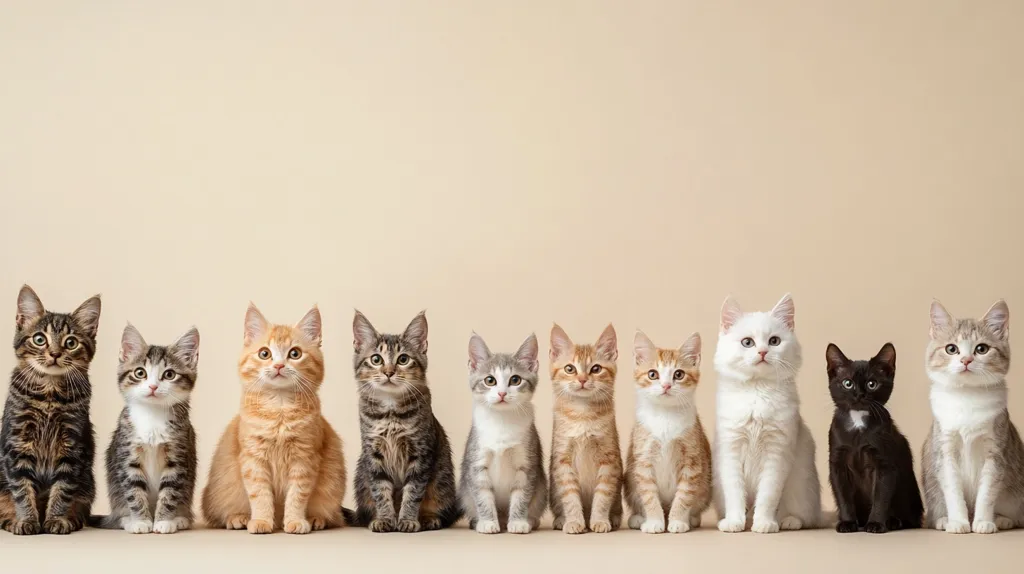 Ten adorable kittens sit in a row against a light beige background. They are all looking up at the camera with curious expressions. The kittens have a variety of coat colors and patterns, including tabby, orange, white, and black. They are all sitting in a neat line, with their paws neatly tucked underneath them.  The kittens appear to be well-cared for and happy.