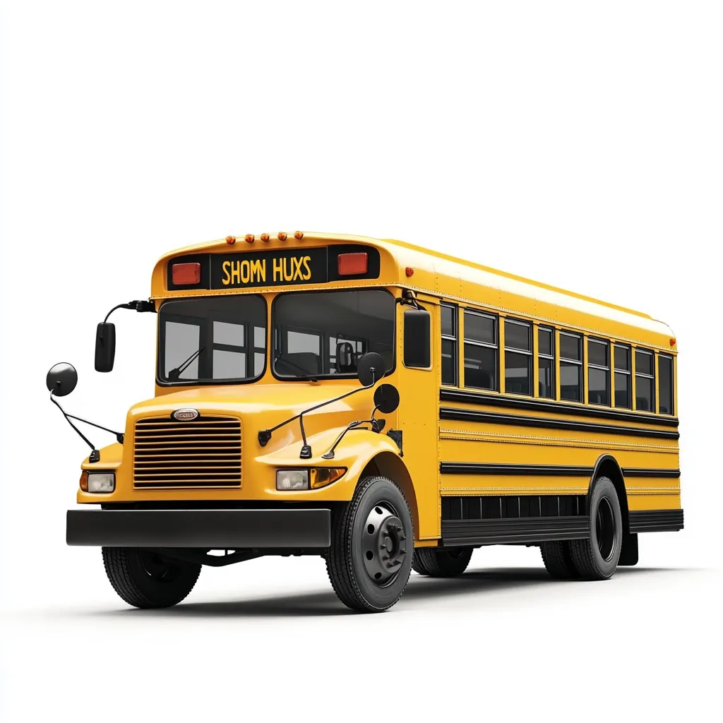 A classic yellow school bus with black accents and a "SHOWN HUXS" sign above the windshield. The bus has a large front windshield, blacked out windows, and large tires. It's parked on a white background and has a stop sign arm folded in.  The bus is a symbol of childhood, education, and transportation.