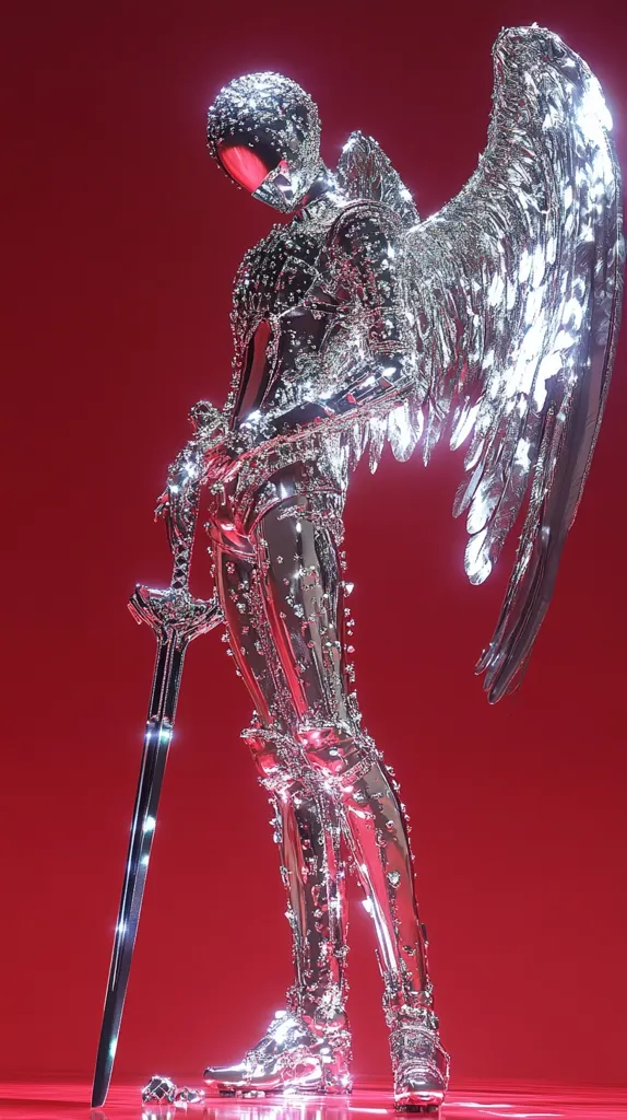 A silver, metallic angel stands against a red backdrop.  Its wings are large and outstretched. It is clad in armor, holding a long, silver sword.  The figure has a sleek, futuristic aesthetic, with intricate details and a smooth, shiny surface.  The overall effect is one of both power and elegance.