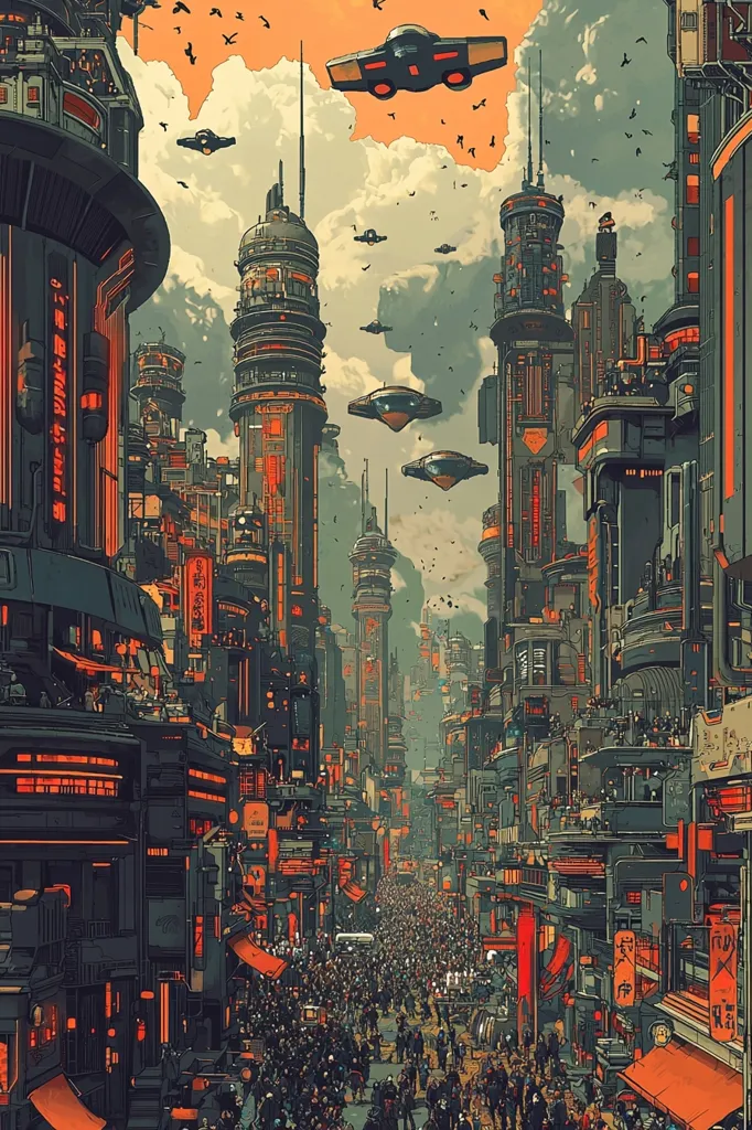 The image depicts a futuristic city with tall, slender buildings. The city is crowded with people, and there are flying vehicles in the sky. The buildings are a mix of styles, with some being more modern and others having a more traditional look. There are also some futuristic-looking vehicles on the ground, as well as some vegetation. The image is set in a cloudy, overcast sky.