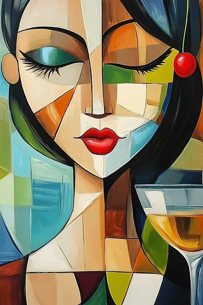 The image is a cubist portrait of a woman with large eyes, defined cheekbones, and a red cherry behind her ear. Her black hair cascades down her back. She is depicted in a geometric style, with bold colors and sharp lines. In her right hand, she holds a martini glass filled with a golden liquid. The background is a vibrant abstract composition of blue, green, and orange hues. The overall effect is one of elegance and sophistication.
