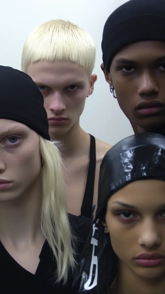 The image shows a group of three young people. The one in the center has short, blonde hair and is wearing a black tank top. To the left is a person with long, blonde hair wearing a black shirt and a black beanie. On the right is a person with black hair and wearing a black beanie. Their expressions are serious and intense. The image is shot in a close-up style, with the focus on their faces. The lighting is dramatic and creates a sense of mystery.