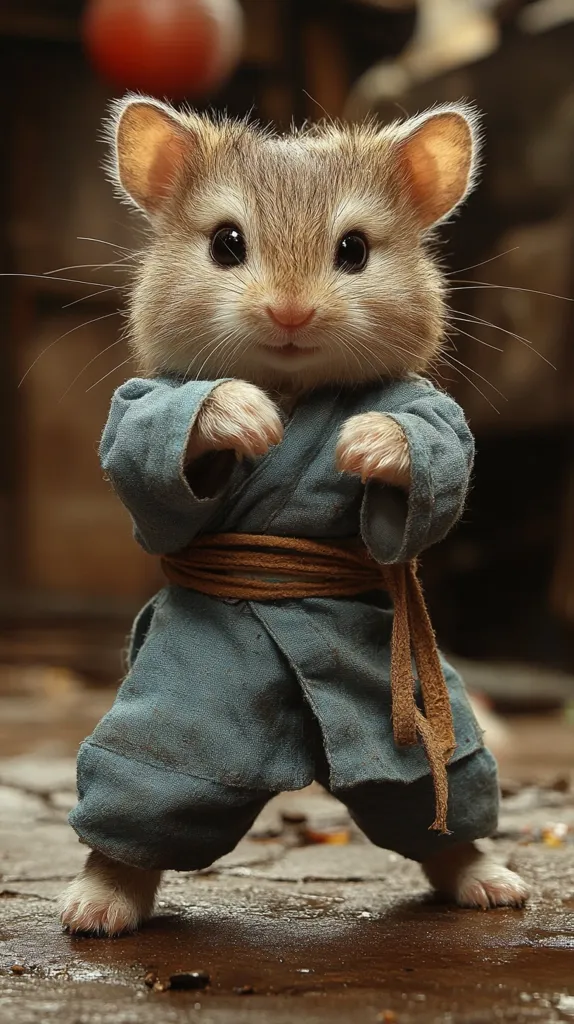 A small hamster, dressed in a blue karate gi with a brown belt, stands on a wet, rocky path. Its tiny paws are poised in a fighting stance, and its large eyes stare intently ahead. The hamster's expression is serious and determined, as if ready to take on any challenge. The image is a humorous juxtaposition of the small animal with the martial arts attire.