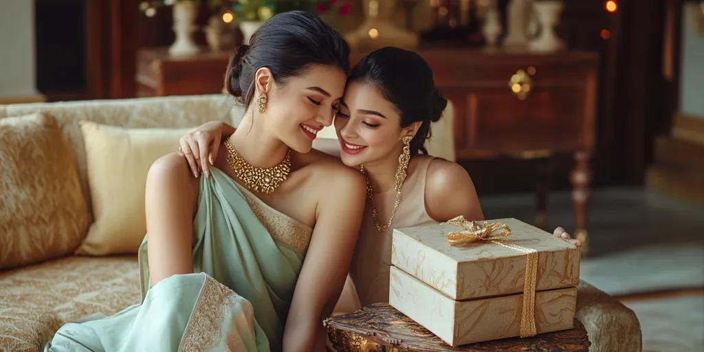Two women, one in a green sari and the other in a white dress, are seated together on a couch, their faces close. The woman in the sari is smiling and looking at the other woman. The woman in the white dress is looking at the camera. There is a gift box on a table in front of them. The scene is lit with warm, inviting light. The women are likely enjoying each other's company and celebrating a special occasion.