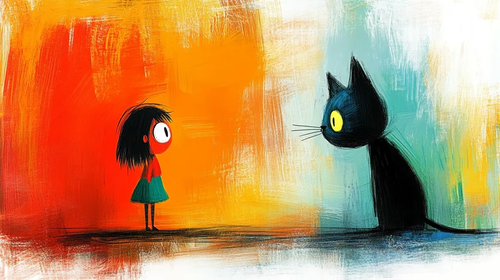 The image is a cartoon illustration of a girl and a black cat. The girl has long black hair and is wearing a red shirt and a green skirt. She is standing on the left side of the image, facing the right. The cat is on the right side of the image, sitting and looking at the girl. It has large yellow eyes. The background is painted with bright colors, red, orange, yellow, and blue. The overall style is playful and whimsical.
