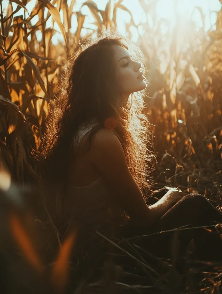 A young woman with long, flowing hair sits in a field of tall grass, bathed in the warm glow of the setting sun. Her eyes are closed, and she appears to be lost in thought. The golden light highlights her features, creating a sense of tranquility and peace. The image is a study in light and shadow, capturing the beauty of nature and the quiet introspection of the human spirit.