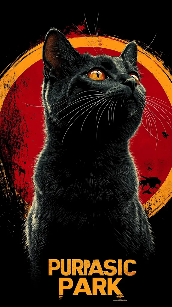 A black cat with piercing yellow eyes stares up and to the right, its head tilted slightly. The cat is set against a red and yellow circle with a grunge effect. The text "PURIASIC PARK" appears in orange letters at the bottom of the image. The image has a vintage, almost 80s aesthetic.