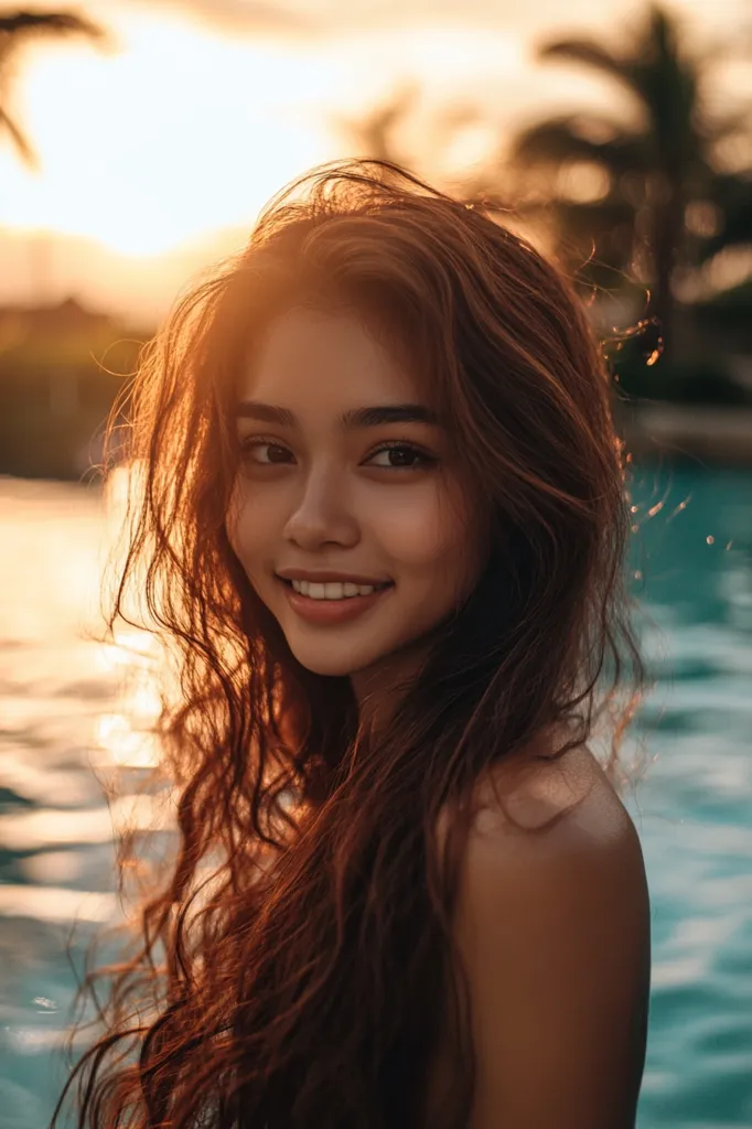 A young woman with long, dark brown, wavy hair is smiling at the camera.  She is standing near a pool with a blurred out background of a palm tree and a sunset.  The golden glow of the sunset is illuminating her face and hair.  She is wearing no top and has a bare shoulder.  The woman has a natural, warm, and approachable beauty.  Her expression is happy and confident.