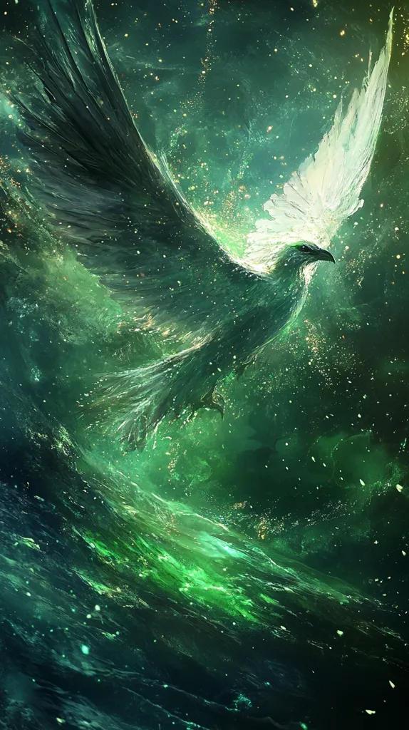 A majestic, green-hued bird with white feathers on its wings flies through a starry sky. The bird is surrounded by swirling green energy, giving the impression of a powerful force in motion. The background features a dark, green, swirling expanse, possibly representing water or clouds. The image has an ethereal and otherworldly quality, suggesting a mythical creature of great power.