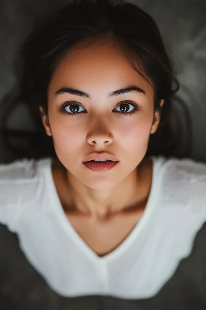 A young woman with long black hair stares directly at the camera. Her large, dark eyes and full lips are prominent features, with her smooth skin and white v-neck shirt adding to a clean and simple aesthetic. The image is taken from a slightly elevated angle, creating an intimate and engaging perspective.