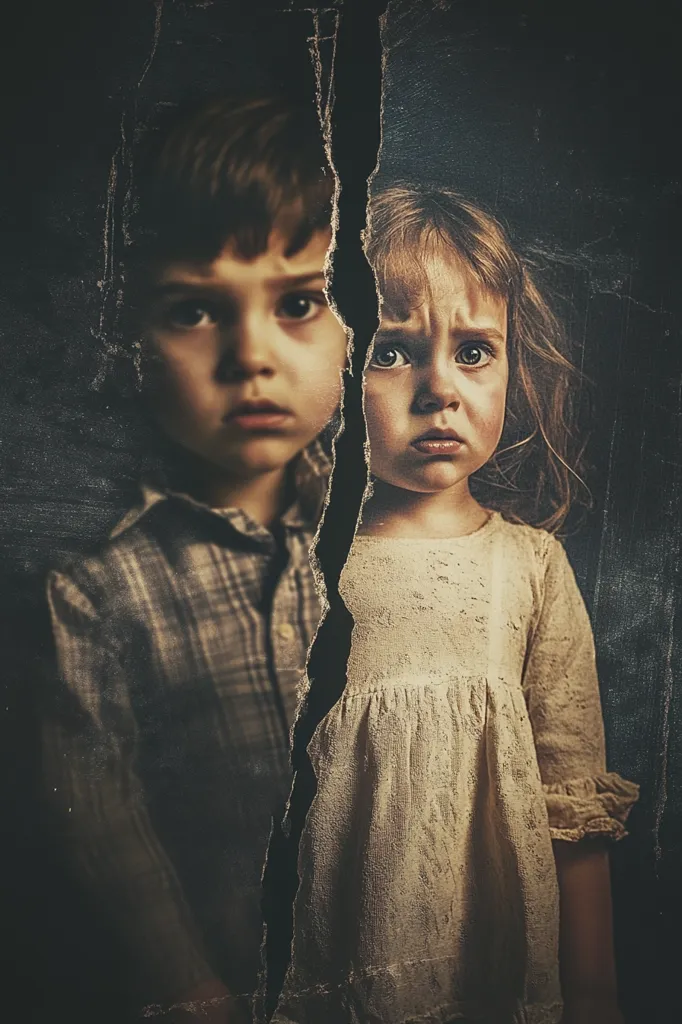 The image shows two children, a boy and a girl, separated by a large crack in a dark, textured background. The boy, wearing a plaid shirt, looks somber and slightly worried. The girl, in a white dress, has a more distressed expression, with furrowed brows and a slightly downturned mouth. The crack, seemingly representing a divide or separation, emphasizes the somber mood and potentially suggests a theme of loss or sadness. The overall tone is melancholic and slightly unsettling.
