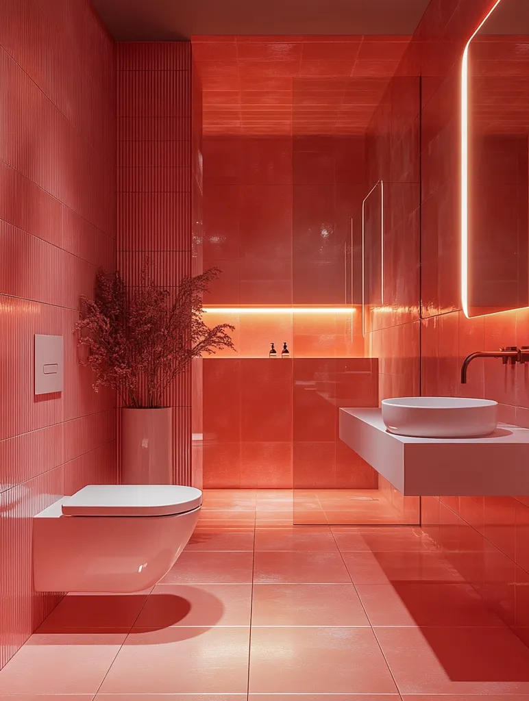 The image shows a modern bathroom with a bright red color scheme. The walls, floor, and ceiling are all a vibrant shade of red, creating a bold and dramatic look. The bathroom features a white toilet, a white sink with a chrome faucet, and a large mirror with an illuminated outline. A potted plant adds a touch of greenery to the space. The overall design is sleek and minimalist, with an emphasis on clean lines and geometric shapes. The bright red color creates a bold and exciting statement, making the bathroom feel modern and luxurious.