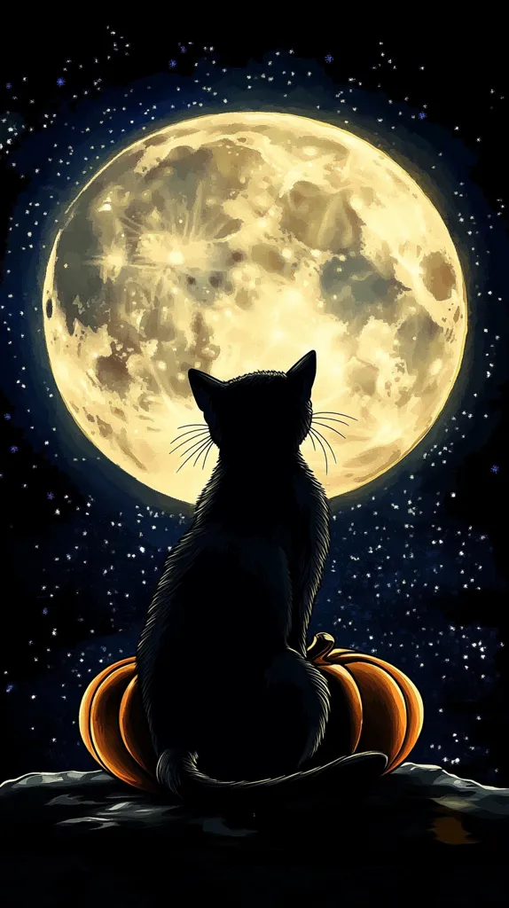 A black cat sits in front of a large, glowing full moon in a night sky scattered with stars. The cat is facing away from the viewer, with its tail curled around a small pumpkin. The image has a dark, mysterious feel, suggesting a magical or spooky atmosphere.