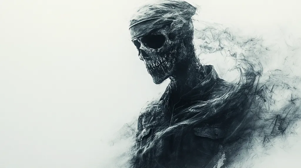 The image is a black and white depiction of a skeletal figure with a bandanna wrapped around its head. The figure is partially obscured by a swirling cloud of smoke. The image has a dark and eerie atmosphere. The figure appears to be looking down with a vacant expression. The image evokes a sense of mystery and foreboding.