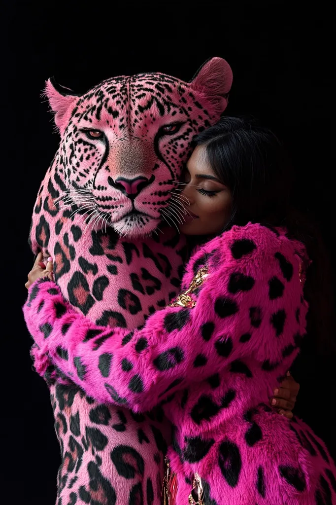 A woman in a pink leopard-print coat embraces a pink leopard, their heads close together. The woman's eyes are closed, suggesting tenderness and connection. The image contrasts the wildness of the leopard with the woman's gentle embrace, creating a sense of unexpected harmony. The bold pink color and dramatic lighting emphasize the surreal and captivating nature of the scene.