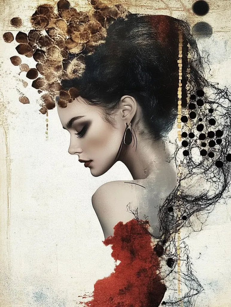 The image is a digital art piece featuring a woman with long black hair. The woman is wearing a large, ornate earring and has a soft, contemplative expression.  The background is a textured collage of shapes and colors, creating a sense of depth and mystery. The overall effect is one of beauty and introspection.