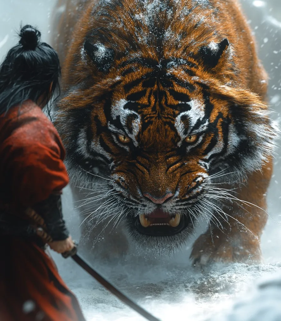 A fierce tiger, with snow clinging to its fur, charges towards a lone figure dressed in red. The figure holds a katana sword, its blade pointed at the tiger. The scene is filled with tension, suggesting an imminent confrontation between the two powerful beings.  The tiger's yellow eyes and bared fangs create a menacing image.  The snow on the ground adds to the sense of danger and isolation.  The picture captures the raw power and the struggle for survival in nature.