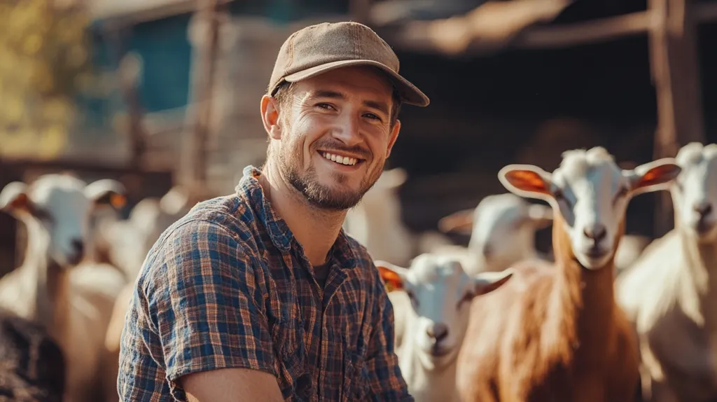 A smiling young man in a plaid shirt and brown baseball cap stands in a barn, with a herd of white and brown goats surrounding him. The man's relaxed expression and the peaceful scene convey a sense of connection with nature and the animals in his care. The goats, with their curious gazes, add a playful element to the image.