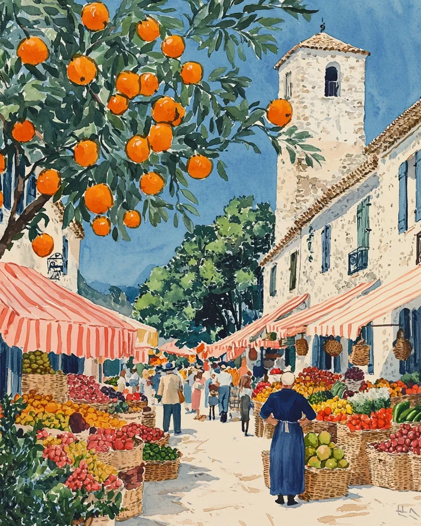 A vibrant watercolor painting captures a bustling outdoor market scene.  A canopy of orange tree branches laden with ripe fruit stretches above the stalls, where colorful produce is piled high.  Shoppers and vendors navigate the lively scene, set against the backdrop of a charming stone building with a bell tower. The sunny atmosphere and the abundance of fresh fruits and vegetables create a delightful and inviting sense of community.