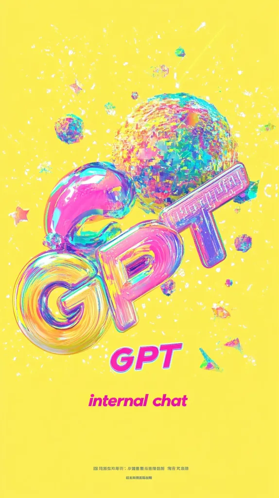 The image is a vibrant, colorful graphic design with the word "GPT" in bold, holographic letters. The letters are distorted and appear to be melting or dripping, creating a playful and futuristic vibe. The background is a bright yellow with scattered, glittery elements that add to the overall sense of energy and excitement. The text "internal chat" is written below the "GPT" in a smaller, pink font. The image is likely a promotional piece for a product or service related to artificial intelligence and communication.