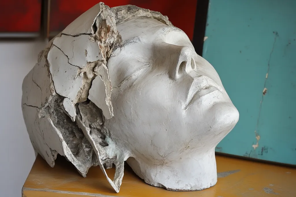 A white plaster sculpture of a human head rests on a wooden table. The head is tilted back, eyes closed, and mouth slightly open. The sculpture is cracked and chipped, giving it a weathered and worn appearance. The background shows a red wall and a turquoise wall.  The sculpture conveys a sense of fragility and loss.