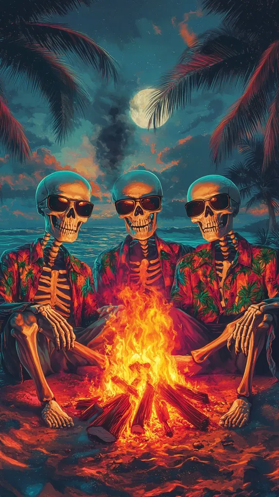 Three skeletons wearing Hawaiian shirts and sunglasses sit around a roaring bonfire on a beach under a starry night sky. Palm trees sway in the breeze as the moon shines brightly above. The scene is both whimsical and eerie, capturing the essence of a spooky tropical getaway.