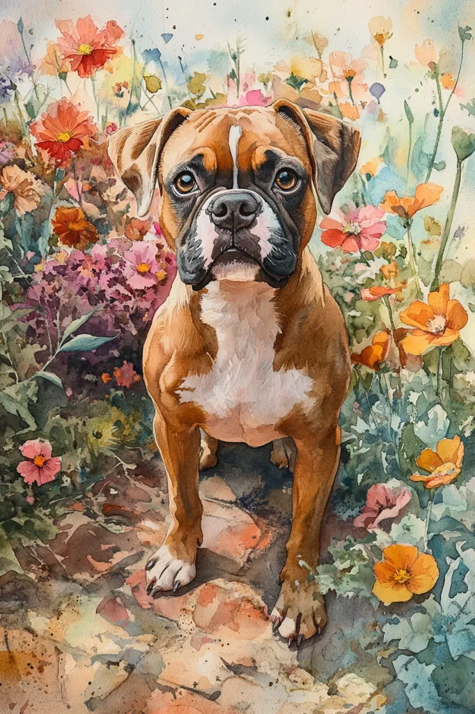The painting depicts a brown and white Boxer dog standing on a brick pathway in a garden filled with colorful wildflowers. The dog is looking directly at the viewer with a serious expression. The flowers are painted in soft, watercolor hues, creating a peaceful and serene atmosphere. The overall impression is one of gentle beauty and tranquility.