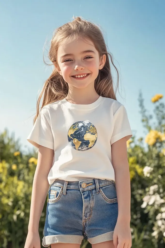 A young girl with long brown hair smiles brightly at the camera. She is wearing a white t-shirt with a gold and blue globe design. She is also wearing blue denim shorts and a gold belt. She is standing in front of a blurred background of yellow flowers and green leaves. The overall image is one of innocence and joy.
