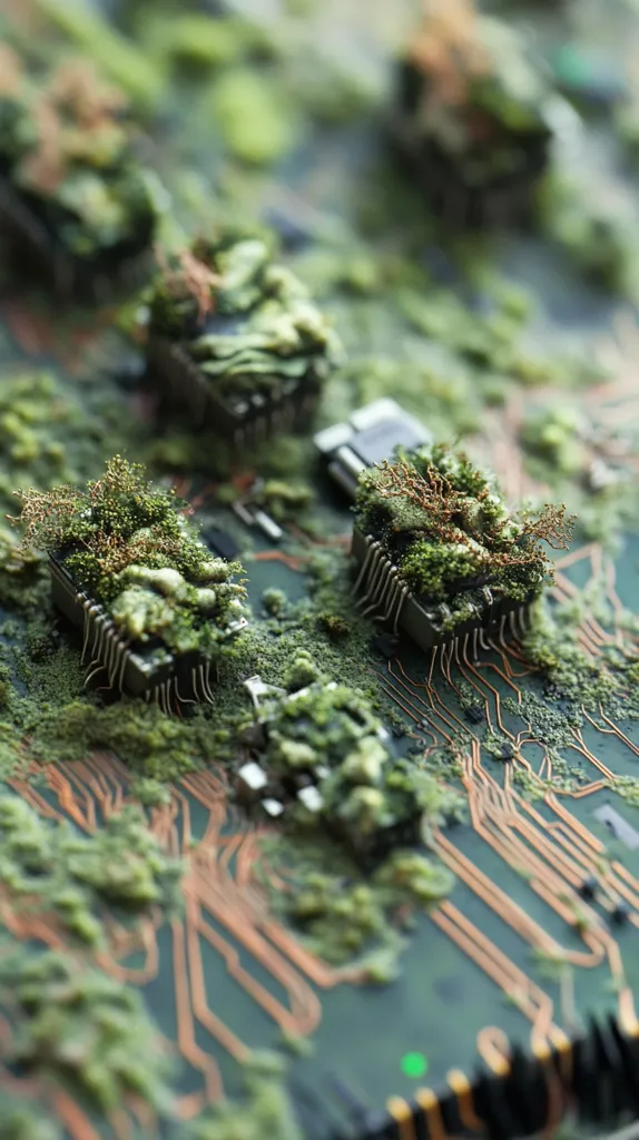 The image shows a close-up of a circuit board that has been completely overgrown with moss and other vegetation. The intricate circuitry is visible beneath the lush green growth, creating a juxtaposition of technology and nature. The image evokes a sense of time and decay, as if the circuit board has been abandoned to the elements for many years. The green hues and soft focus create a sense of tranquility, as if nature has reclaimed this forgotten piece of technology.