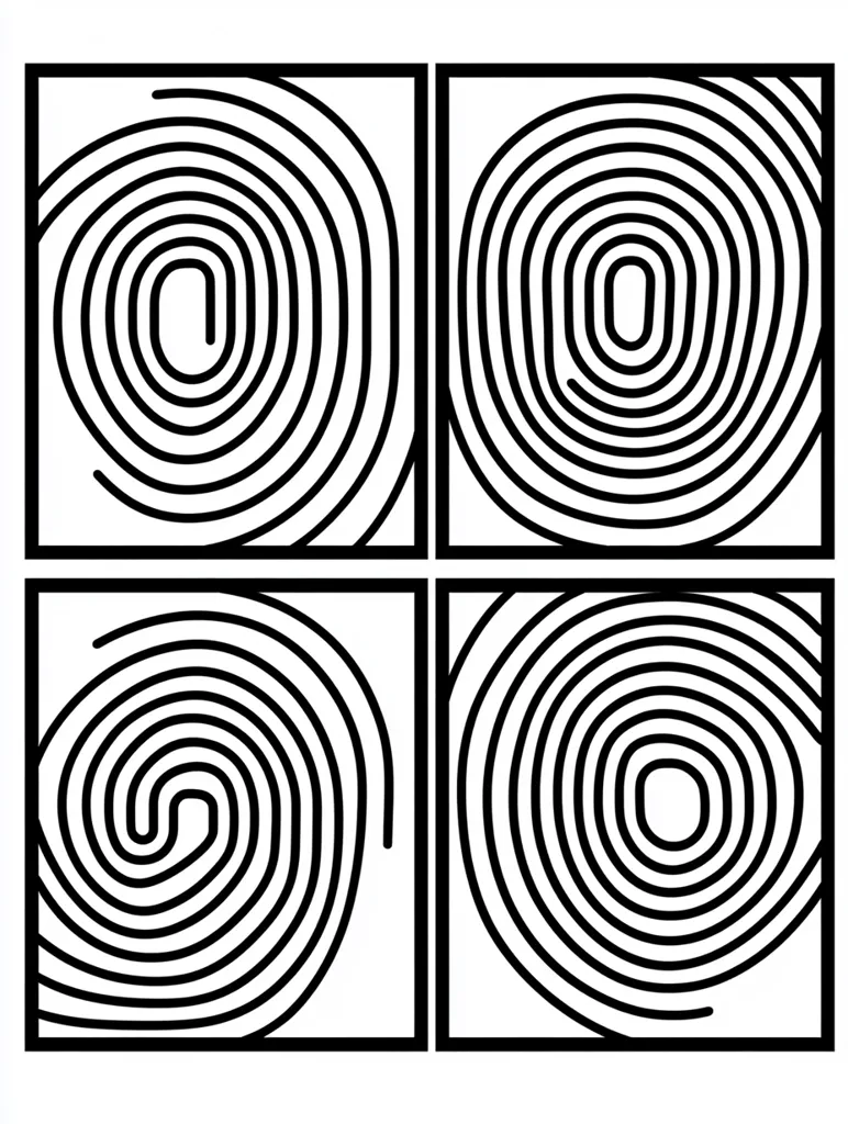 The image consists of four black squares, each containing a concentric circle design. The circles are made up of a series of black lines that spiral inwards. The top left and bottom right squares have a spiral pattern, while the top right and bottom left squares have a circular pattern. The designs are simple yet visually appealing, creating a sense of depth and movement.