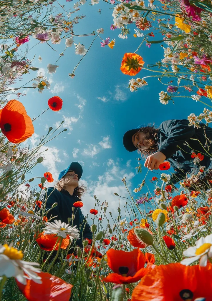 Two people in caps stand in a field of wildflowers, looking up at the blue sky.  The sky is dotted with white clouds and the field is filled with red poppies, daisies, and other wildflowers. The bright colors and low angle shot create a sense of wonder and joy.