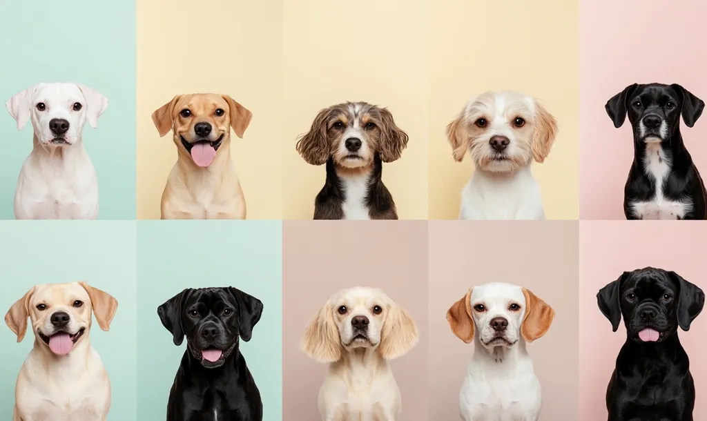 The image features a grid of nine dogs, each positioned in front of a different colored background. The dogs are all different breeds and colors, but they all have a cute and playful expression on their faces. The colors of the backgrounds are soft and pastel, creating a calming and cheerful atmosphere.  The image is a delightful portrait of canine diversity.