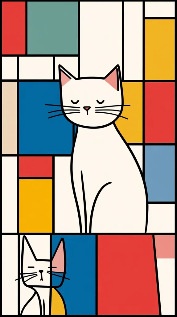A white cat sits in the middle of a colorful geometric background. The cat is drawn in a simple, cartoon style and has closed eyes. The background is made up of squares and rectangles of different colors, including red, yellow, blue, and green. The overall style of the image is playful and whimsical.