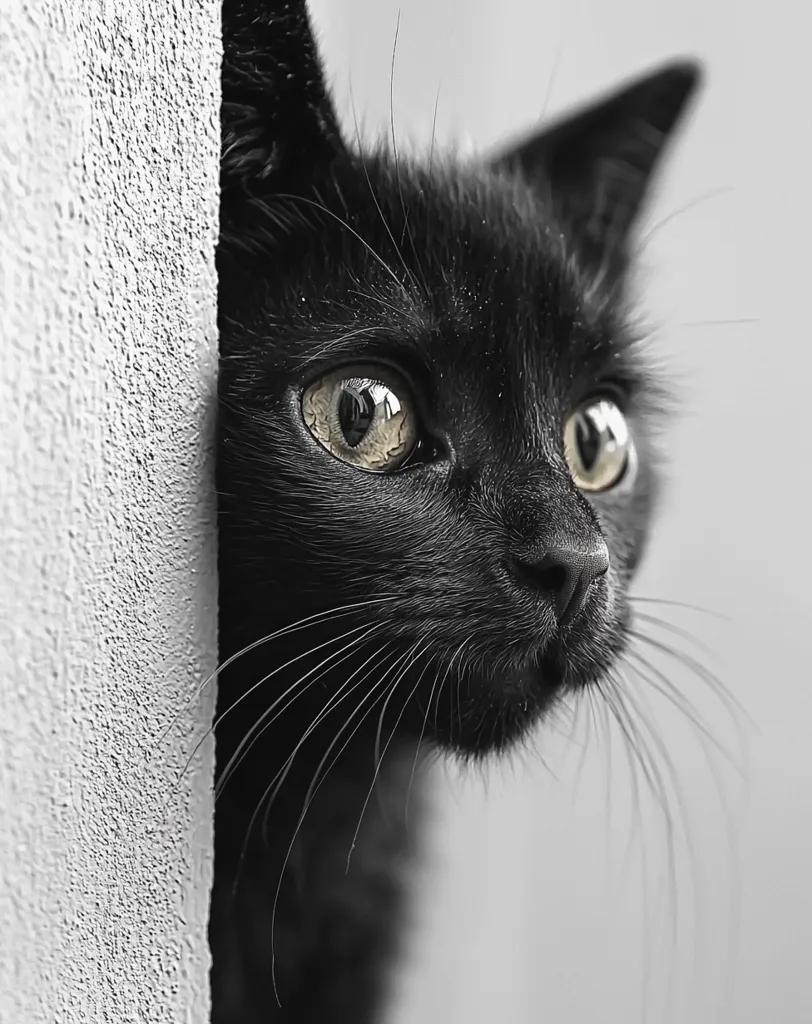 A black cat peeks out from behind a white wall, its bright yellow eyes shining. The cat's whiskers are visible, and its nose is just visible, giving the image a playful and curious feel. The image is in black and white, highlighting the contrast between the cat's dark fur and the white wall. The composition of the image, with the cat peeking out from the side, adds a sense of intrigue and mystery.