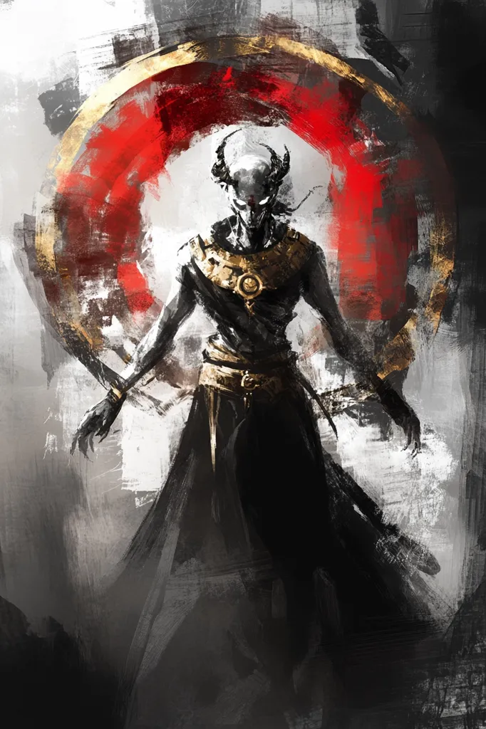 The image depicts a dark, otherworldly figure with horns, standing against a backdrop of abstract brushstrokes. The figure is clad in a long, flowing black robe with gold accents and appears to be in a state of motion or summoning. Behind the figure is a large, red and gold circle. The overall feeling of the image is eerie and mystical, with the figure's shadowy form and the swirling colors suggesting a hidden power. The brushstrokes create a sense of movement and energy, further emphasizing the supernatural aura.