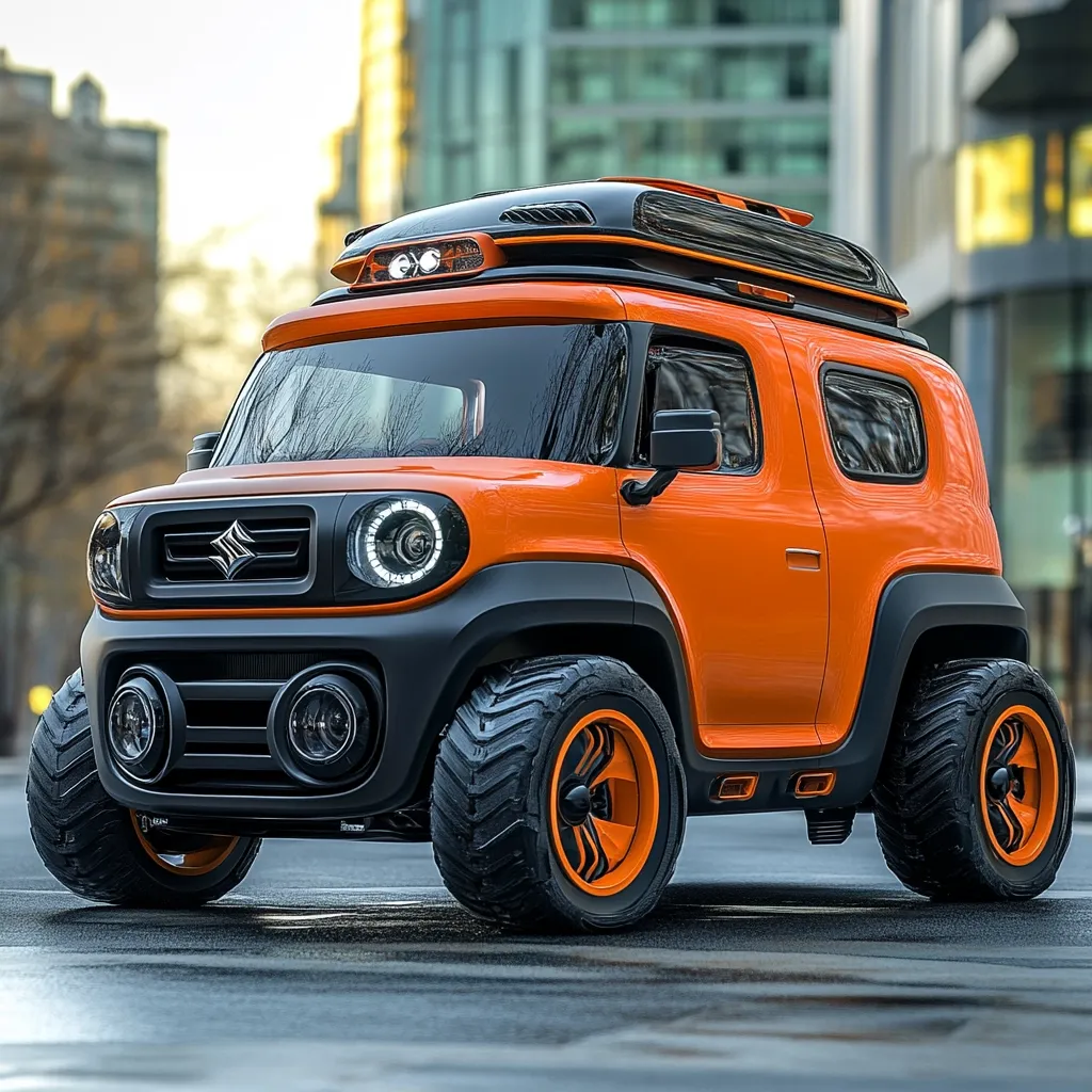 A bright orange Suzuki Jimny, modified with a black roof rack,  is parked on an asphalt road. The car features black off-road tires with orange rims and black bumpers with round headlights. The background features a blurred cityscape.