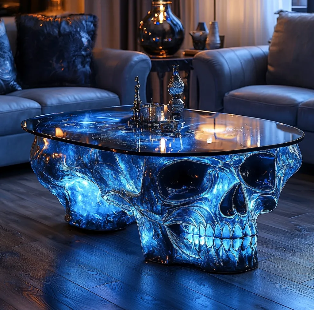 The image showcases a unique coffee table designed in the shape of a skull. The skull is crafted from a translucent material, allowing for a mesmerizing blue glow to emanate from within. The glass tabletop reflects the surrounding light, adding to the table's otherworldly allure. The table sits on a wooden floor, contrasting with the modern and edgy design.  The skull's detailed features and the blue glow create a captivating visual statement.  The table's design is both striking and intriguing, making it a focal point in any room.