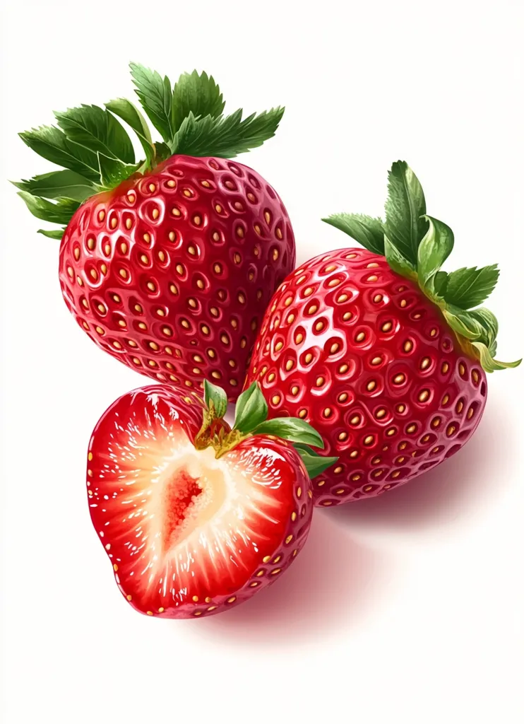 Three strawberries, two whole and one sliced in half, are arranged on a white background. The strawberries are a vibrant red with green leaves, and their surface is covered in tiny yellow seeds. The sliced strawberry reveals its juicy, red interior. The image highlights the freshness and sweetness of the fruit.
