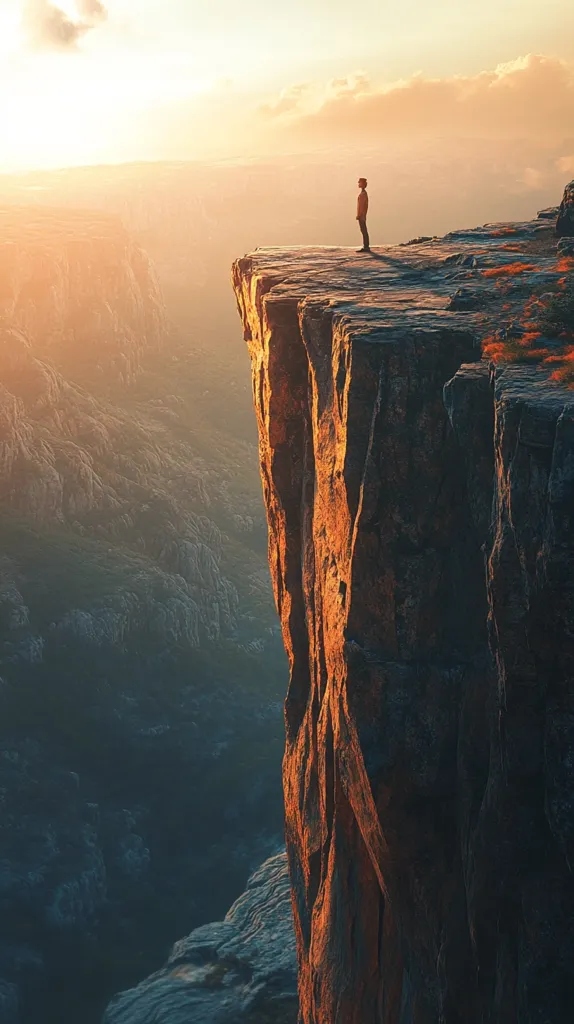 A lone figure stands on the edge of a sheer cliff, gazing out at a vast, rugged landscape. The setting sun bathes the scene in a warm, golden light, casting long shadows across the rocky terrain. The figure's small stature against the immense backdrop emphasizes the scale of the natural world.  The image evokes a sense of solitude, contemplation, and the awe-inspiring power of nature.