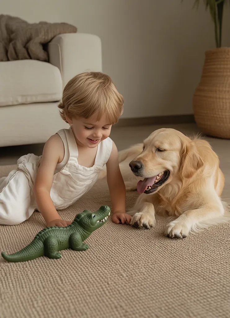 A young child in overalls is playing with a toy crocodile on a carpet. A golden retriever lays beside them, watching intently. The child and dog are both smiling and enjoying their time together. A white couch sits in the background, and a wicker basket is visible on the right side of the image. The overall tone of the image is playful and happy.