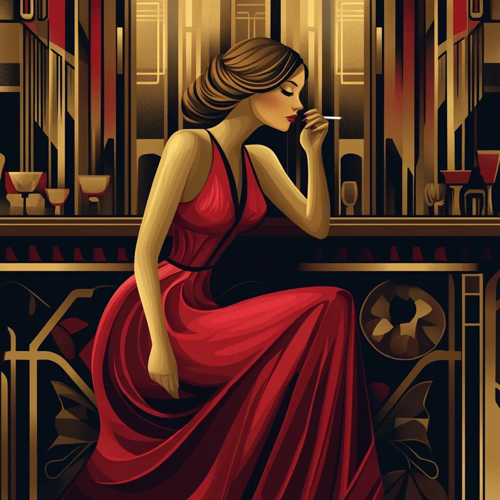 A woman in a red dress sits at a bar, her face partially obscured by her long, dark hair. She holds a cigarette in one hand and gazes thoughtfully at something out of frame. The background is an art deco style, with geometric shapes and golden accents. The overall atmosphere is one of sophistication and mystery.