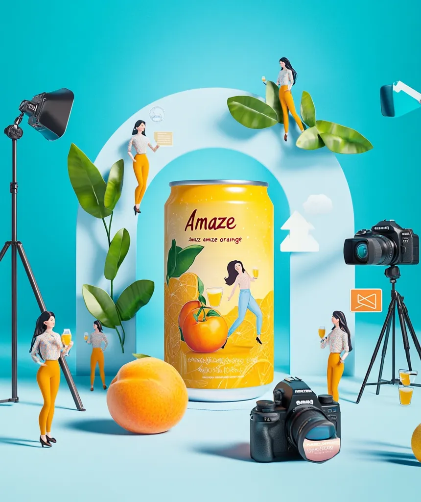 A can of "Amazze Amze Orange" juice sits in the center of a vibrant blue and green scene. Miniature figures, some holding juice glasses, are posed around the can, while a large orange and two cameras add to the composition. There's a spotlight shining on the can, suggesting a photo shoot.  The playful arrangement is light-hearted and whimsical.