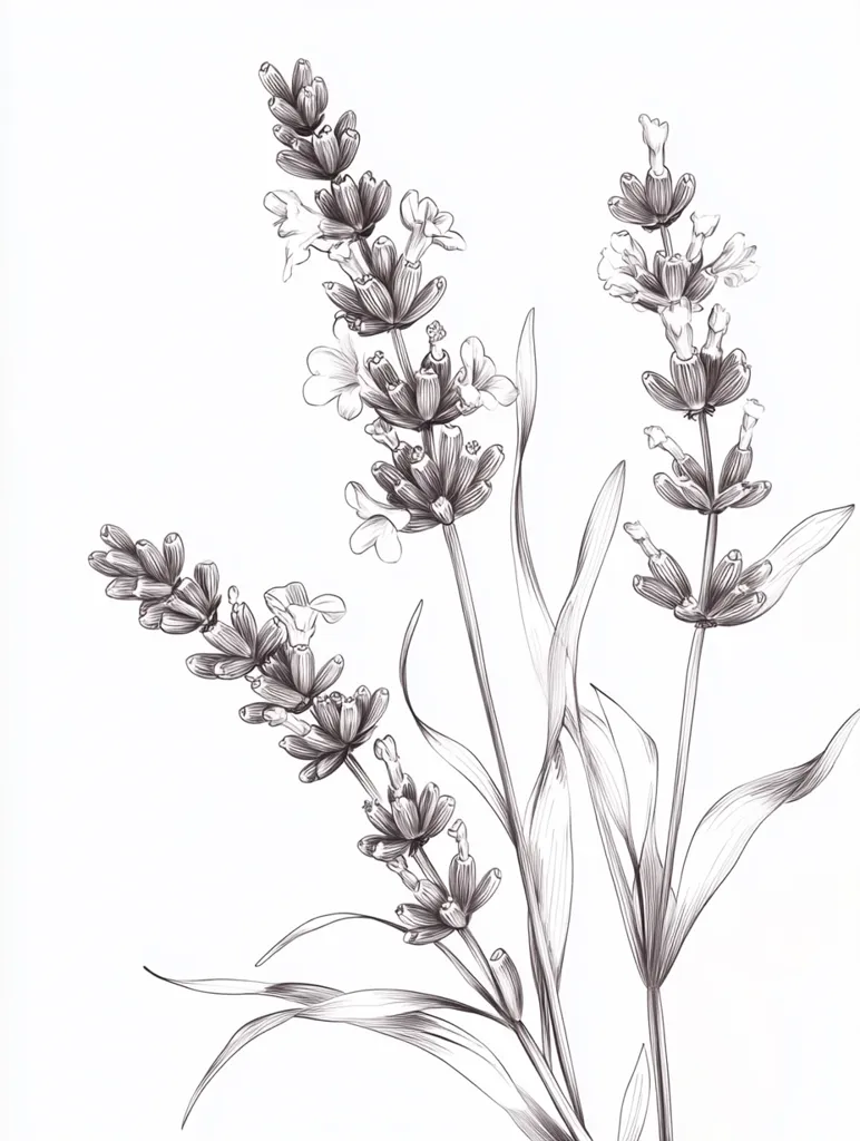 A detailed black and white drawing of three lavender stalks with delicate flowers and long, slender leaves. The flowers are depicted in full bloom, with intricate details of the petals and the stamen. The leaves are drawn with a fine line, showcasing their delicate texture and graceful curves. The composition is balanced and elegant, highlighting the beauty of lavender in a minimalist style.