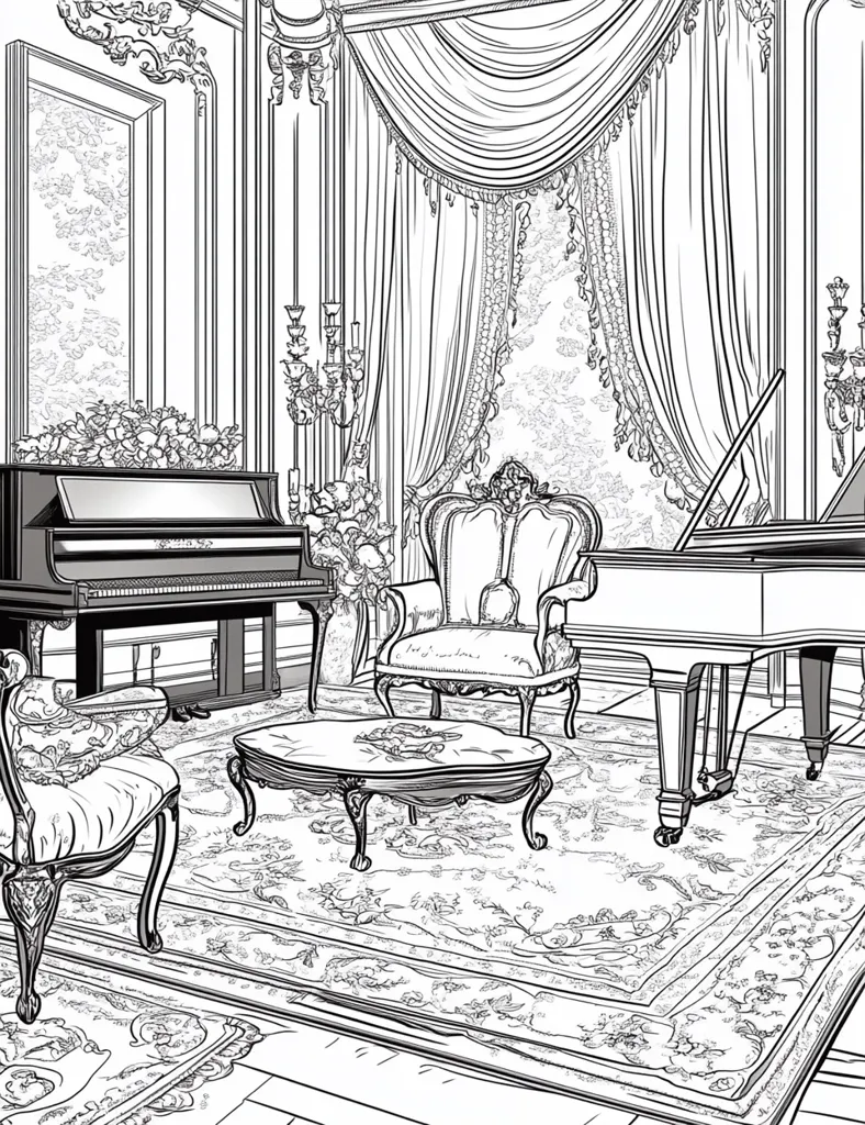 The image depicts a lavishly furnished living room in a Victorian style. A grand piano sits in the foreground, with ornate details, and a large, detailed rug covers the floor. A single armchair with intricate carvings sits next to a coffee table, all surrounded by an ornate, elegant room.