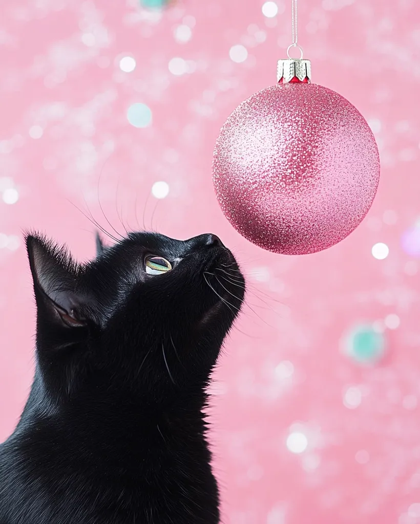 A black cat with green eyes stares up at a pink, glittery Christmas ornament hanging in front of it. The ornament is suspended from the ceiling against a pink background with sparkly bokeh. The cat's curious expression and the festive ornament create a playful and whimsical scene.
