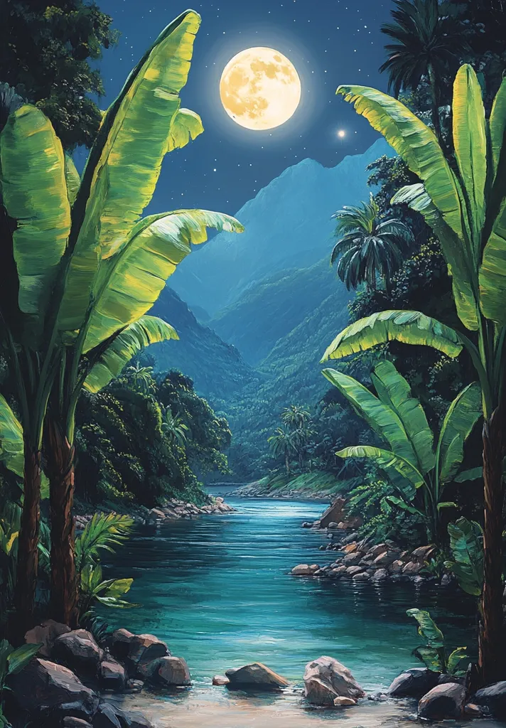 The image depicts a serene night scene in a tropical jungle. A full moon illuminates the sky, casting a soft glow over lush green foliage and a calm, winding river. Palm trees and banana plants stand tall on the riverbank, their leaves framing the view. The air is still and peaceful, inviting a sense of tranquility. The scene exudes a sense of mystery and beauty, highlighting the magic of nature's nocturnal world.