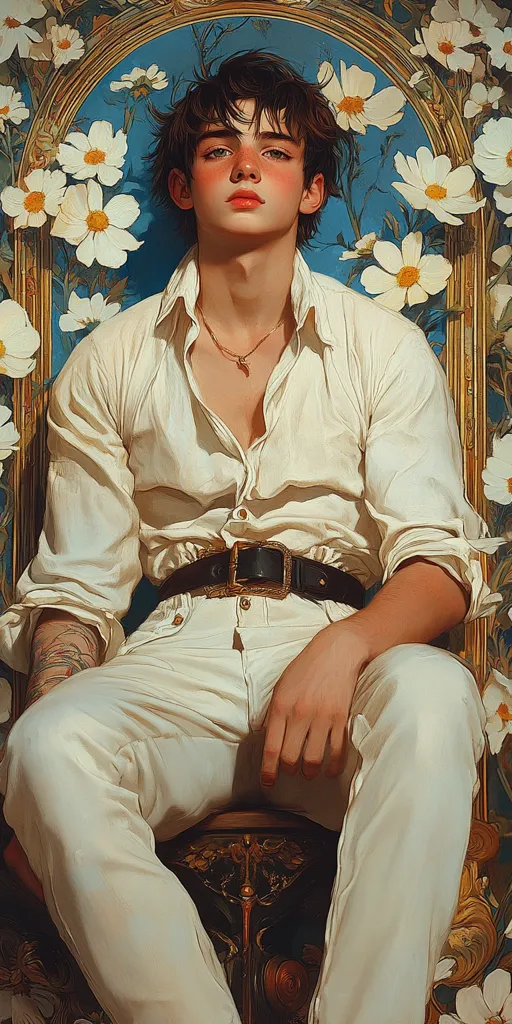 A young man with dark hair and blue eyes sits in a white shirt and white trousers, wearing a gold chain with a pendant. He has a serious expression and is surrounded by white flowers, positioned against a backdrop of ornate gold frame and blue sky. The composition gives a sense of classic portraiture.