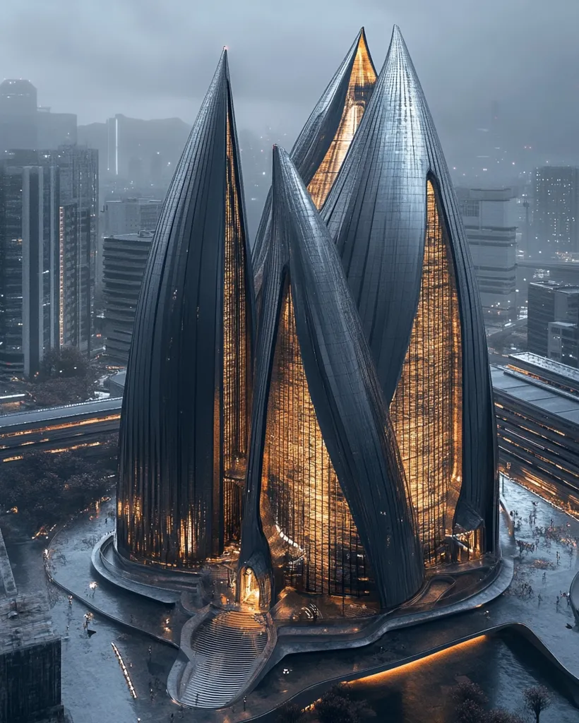 The image shows a futuristic, towering skyscraper with a unique, organic design. The building is composed of multiple interconnected, curving structures that resemble petals or blades. The exterior is dark and metallic, with warm lighting emanating from inside, creating a striking contrast.  The surrounding cityscape is visible in the distance, emphasizing the building's imposing scale and modern design. The overall atmosphere is one of sleekness, mystery, and architectural innovation.